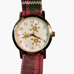Gold Snowflake Dial Watch Red Plaid Strap Christmas Needs Battery